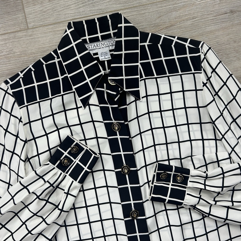VTG Starington Blouses‎ by Charlotte Silk Size 4 Colorblock Windowpane Blouse